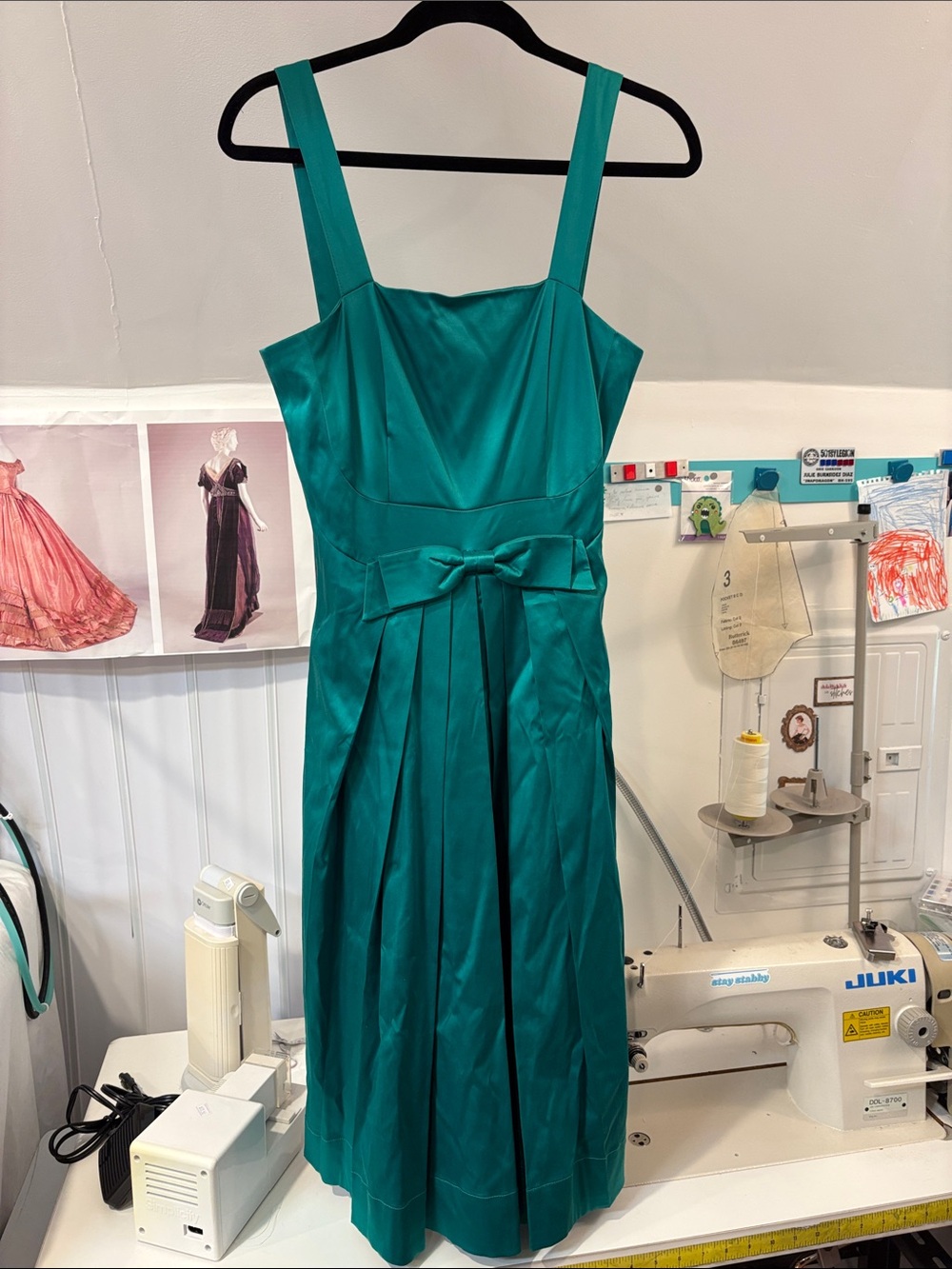 Emily and Fin Emerald Satin A-Line Dress with Bow Waist